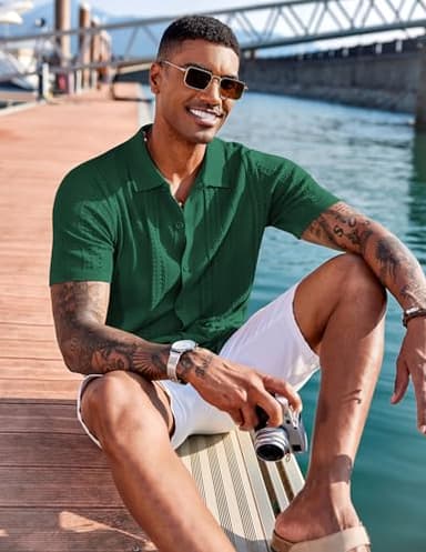 COOFANDY Men's Knit Button Down Shirts Vintage Short Sleeve Polo Shirt Fashion Casual Summer Beach Shirts Green - Image 7