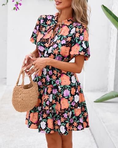 BTFBM Women Summer Floral Short Dresses V Neck Short Sleeve Tiered Ruffle Boho Swing Dress A-Line Mini Dresses(Black Orange Yellow Floral,Small) - Image 6