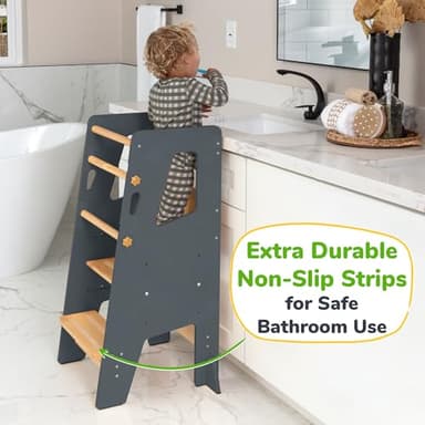 Toddler Standing Tower - Adjustable Height Toddler Kitchen Stool Helper - Ideal Kids Kitchen Step Stool for Learning New Skills - Updated Design with Safety Feet - Gray - Image 2