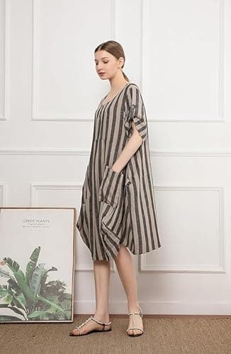 Minibee Women's Ruffle Oversize Casual Midi Dresses with Pockets Style 2 Black Stripe XL - Image 3