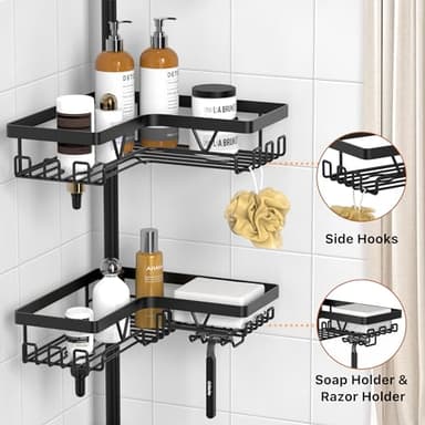 KEGII Corner Shower Caddy Tension Pole - Shower Tension Rod Organizer, Floor to Ceiling Shower Caddy 25-114.2 inch, Towel Rack Corner Waterproof, Black - Image 3