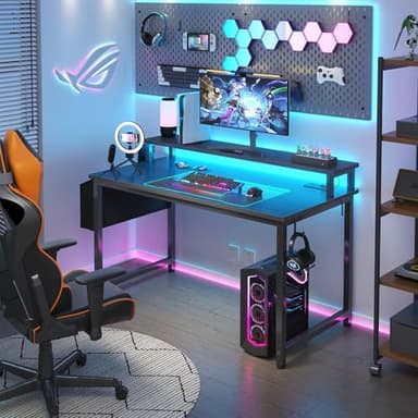 Lufeiya Black Gaming Desk with LED Lights and Power Outlets, 40 Inch Teen Writing Study Table Home Office Desks with Monitor Stand, Computer Desk with Charging Station USB Port, Black - Image 2