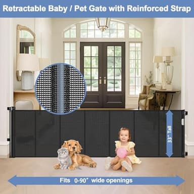 Reinforced 90 Inch Retractable Baby Gates Extra Wide Baby Gate with Reinforced Strips, 7.5ft Long Retractable Dog Gate for The House 33 Inch Tall Extra Long Pet Gates for Wide Openings, Black - Image 2