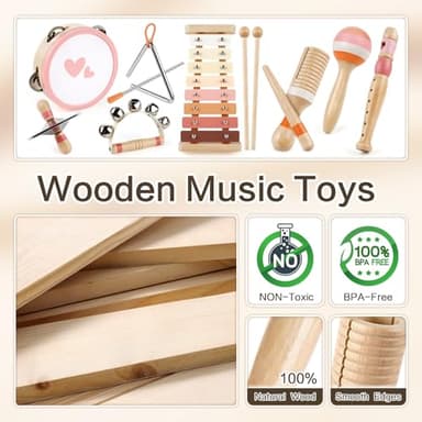 Musical Instruments for Girls - Toys for 2 3 Year Old Girl Birthday Gifts - 8 in 1 Wooden Montessori Musical Set with Xylophone/Tambourine/Maracas/Flute for Toddler 2-4(Pink) - Image 7