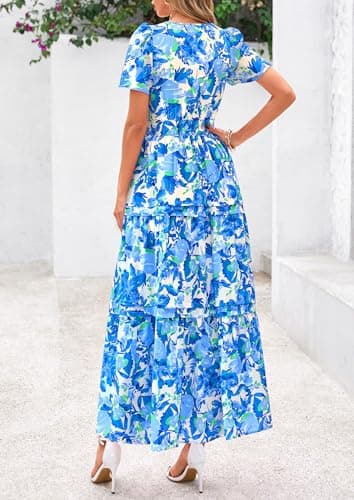PRETTYGARDEN Women's 2025 Summer Boho Maxi Dresses Floral Short Sleeve V Neck A Line Tiered Flowy Long Beach Vacation Dress (Floral Blue,Large) - Image 2