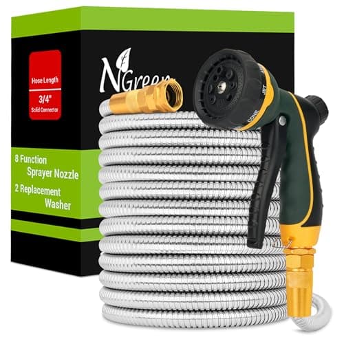 NGreen Stainless Steel Garden Hose - Flexible Metal Water Hose with Nozzle, Puncture, Rust Proof and Corrosion Resistant, Never Kink and High Pressure, Collapsible and Easy to Store (100FT) - Image 1