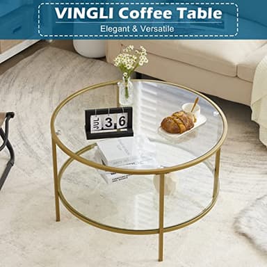 VINGLI Glass Coffee Table, 30" Round Champagne Gold Coffee Tables for Living Room,2-Tier Glass Top Coffee Table with Storage Clear Coffee Table,Simple & Modern Center Table Mesa de Centro para Sala - Image 3