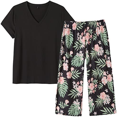 Vozanet Women's V Neck Sexy Pajama Sets Capri Sleepwear Elegant Floral Patterns Nighty Plus Size S-4XL, Black-Floral, Large - Image 1