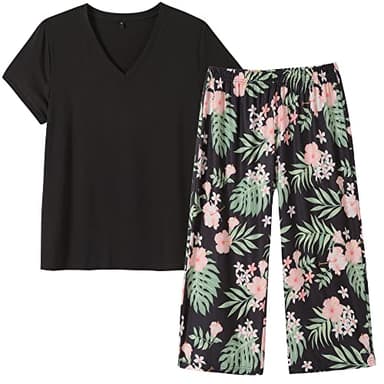 Vozanet Women's V Neck Sexy Pajama Sets Capri Sleepwear Elegant Floral Patterns Nighty Plus Size S-4XL, Black-Floral, Large - Image 1