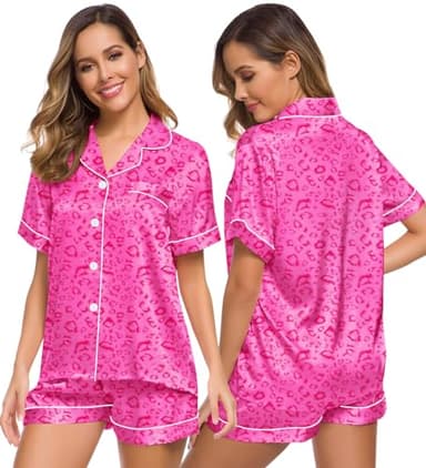 SWOMOG Womens Silk Satin Pajamas Set Two-piece Pj Sets Sleepwear Loungewear Button-Down Pj Sets Hot Pink Leopard Large - Image 1
