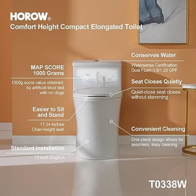 HOROW T0338W Compact One Piece Toilet with Comfort Chair Seat ADA Height 17.3", Elongated Dual Flush 0.8/1.28 GPF and MAP 1000g, Standard White Toilet Bowl - Image 3