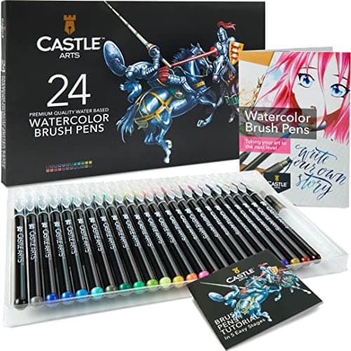 Castle Art Supplies Watercolour Brush Pens Set | 24 Lively Colours, with Flexible Nylon Tips | For adult colouring, painting, lettering – artists and beginners | Travel Case with Extra Water Brush Pen - Image 1