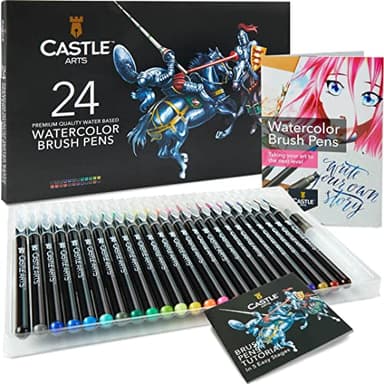 Castle Art Supplies Watercolour Brush Pens Set | 24 Lively Colours, with Flexible Nylon Tips | For adult colouring, painting, lettering – artists and beginners | Travel Case with Extra Water Brush Pen - Image 1