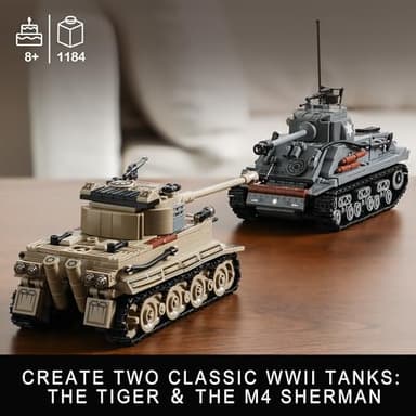 WW2 Army Tank Toys Building Kit Compatible with Lego, Create a German Tiger & an American M4 Sherman Models with 1184 Blocks, Great Military Toy Gifts for Boys, Kids Age 8-14 - Image 2