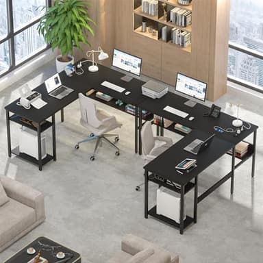 Hyomdeck Reversible L Shaped Computer Desk with Power Outlets and USB Charging Ports, Sturdy Corner Desk with Storage Shelf, Modern Work Gaming Table for Home Office, Easy to Assemble, Black - Image 2