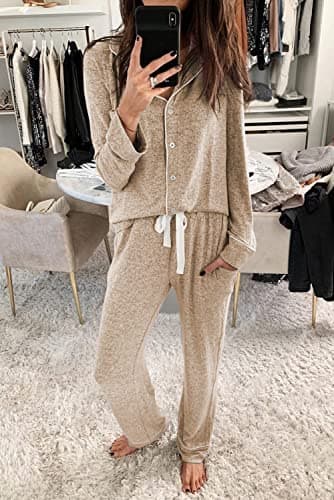 Aamikast Women's Pajama Sets Long Sleeve Button Down Sleepwear Nightwear Soft Pjs Lounge Sets (Large, light brown) - Image 2