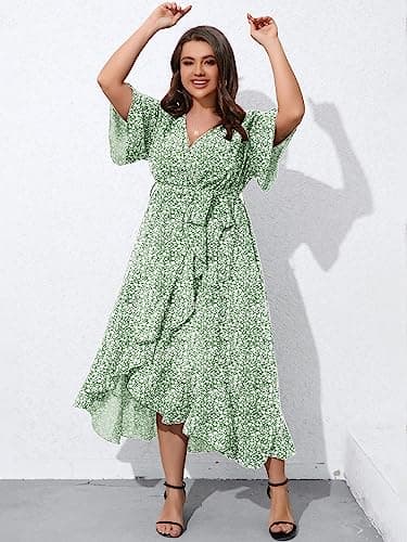 SCOMCHIC Women's Plus Size Long Dresses Short Sleeve High Low Split Flowy Beach Maxi Dress Green 3XL - Image 6