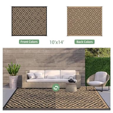 GENIMO Outdoor Rug for Patio Clearance, 10'x14' Waterproof Large Camping Mat, Reversible Plastic Straw Rugs for RV, Camper, Balcony, Backyard, Picnic, Deck (Black & Brown) - Image 4