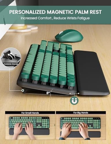 Wireless Keyboard and Mouse Combo - Cute Typewriter Keyboard with Detachable Wrist Rest, Retro Round Keycaps, Foldable Legs, 2.4GHz Keyboards for PC Laptop, Mac, Windows - Trueque (Black and Green) - Image 3