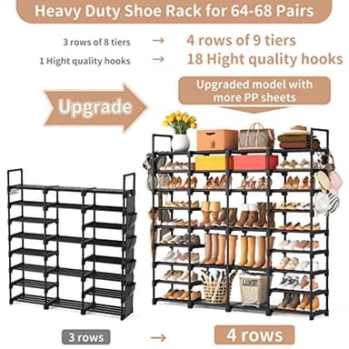 ROJASOP Large Shoe Rack Organizer for Entryway Closet 64-68 Pairs 9-Tier Heavy Duty Tall Garage Shoe Rack Shoe Shelf Shoes Storage with 18 Pcs Removable Side Hooks for Bedroom and Garage Black - Image 4
