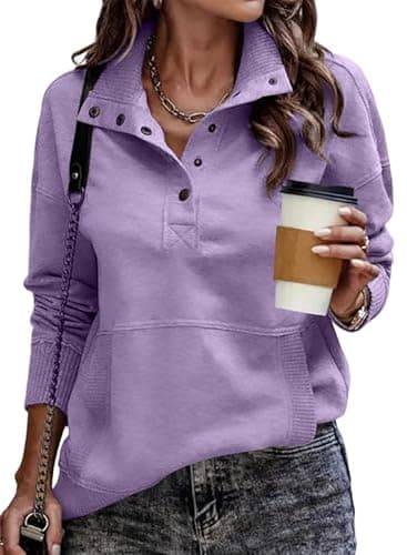 SHEWIN Womens Sweatshirt Casual Long Sleeve Lightweight Sweatshirts Loose Button V Neck Pullover Tops Fall Clothes for Women 2025,US 8-10(M),Purple - Image 1