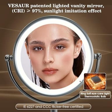 VESAUR Professional 8.5" Lighted Makeup Mirror, 1X/10X Double Sided HD Undistorted Magnifying Mirror with 3 Color 90 Dimmable LED lights, 360° Rotation Vanity Mirror, Unique Black Nickel with Gift Box - Image 3