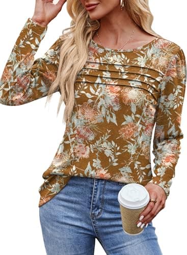 Womens Tops Long Sleeve Shirts Fleece Pullover Sweaters Fall Outfits Tunic Tops for Leggings Leaf Print Yellow Brown S - Image 2