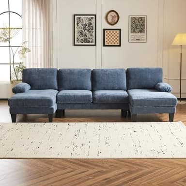 VINGLI 110" Sectional Couches for Living Room,U Shaped Couch with Double Chaise, 4-Seat Sofa Set with Corduroy Fabric for Home Furniture,Ocean Blue - Image 5