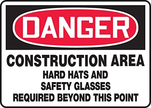 Accuform MPPE140VP Plastic Sign, "Danger Construction Area Hard Hats and Safety Glasses Required Beyond This", 10" Length x 14" Width x 0.055" Thickness, Red/Black on White - Image 1