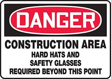 Accuform MPPE140VP Plastic Sign, "Danger Construction Area Hard Hats and Safety Glasses Required Beyond This", 10" Length x 14" Width x 0.055" Thickness, Red/Black on White - Image 1