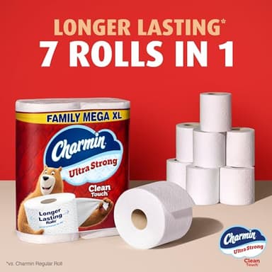 Bounty Quick-Size Paper Towels, White, 16 Family Rolls, Charmin Ultra Strong Clean Touch Toilet Paper, 18 Family Mega XL Rolls - Image 7