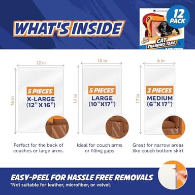 12 Pack Cat Scratch Furniture Protector Tape Sheets – Double-Sided Sticky Training (5 XL, 5 Large, 2 Medium) – Anti-Scratch Couch & Sofa Guard – Clear – Not for Leather, Velvet, Microfiber - Image 5