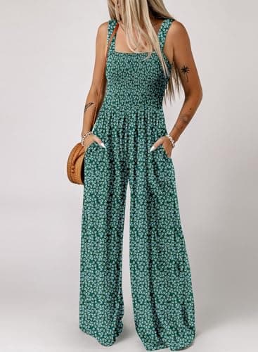 Dokotoo Womens Overalls Green Jumpsuits for Women Casual Loose Fit Solid Color Wide Leg One Piece Sleeveless Jumpsuit Printed Long Pant Rompers with Pockets Medium - Image 2