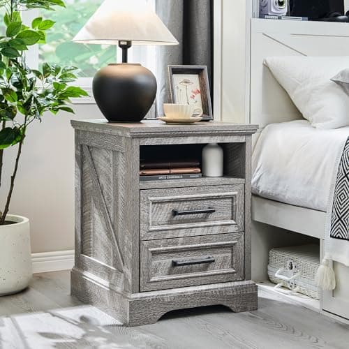 ACCOHOHO 18" Farmhouse Nightstand with Charging Station,End Table with 2 Drawers Storage,Side Table,Bedside Cabinet for Bedroom,Living Room,Grey - Image 1