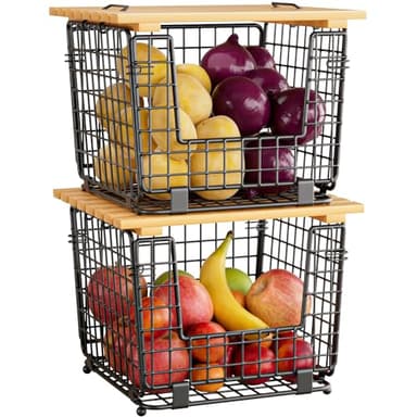 Wire Storage Basket for Kitchen Pantry: GGIU Stackable Kitchen Counter Organizers - Wire Organizing Bin for Produce Vegetable Potato and Onion Black - Image 1