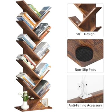 SHEEPAM 10 Tier Tree Book Shelf, Floor Standing Wood Bookshelf for Narrow Space, Storage Organizer Bookshelves for Books/CDs/Magazine, Bookcase with Shelves for Home Office, Living Room - Brown - Image 7