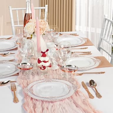 Bestluck 350PCS Rose Gold Plastic Plates for 50 Guests, Disposable Dinnerware Sets Include 100 Rose Gold Rim Plastic Plates, 50 Silverware and Cups, 50 Pre Rolled Napkins for Party, and Graduation - Image 7