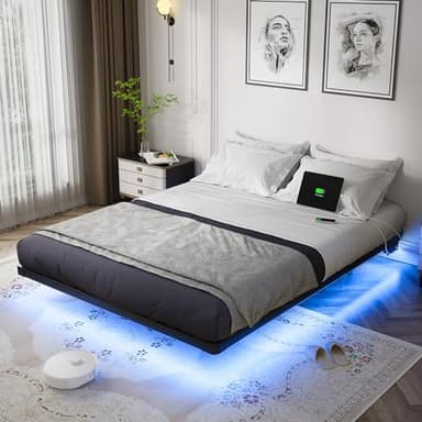 OLEVS Floating Bed Frame Queen Size with Smart LED Lights and Charging Station - Modern Metal Platform Bed, Easy Assembly No Box Spring Needed - Image 1