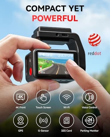 REDTIGER F4 4K Dash Cam Front, 2.2 inch Mini Car Camera, 2160P UHD Touch Screen, Voice Control, Included 32GB Card, Night Vision, Built-in GPS, WiFi APP Control, Loop Recording, 24H Parking Monitor - Image 2