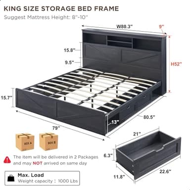 ACCOHOHO Farmhouse King Size Wood Bed Frame with 52" Tall Storage Headboard and 4 Drawers,LED Light,Charging Station,Solid Wood Slats Support,Noiseless,No Box Spring Needed,Black - Image 2