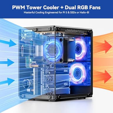 Pironman 5-MAX Dual NVMe M.2 SSD PCIe PC Case for Raspberry Pi 5 NAS RAID 0/1 Hailo-8L AI Accelerator PWM Tower Cooler+Dual RGB Fans, 0.96" OLED Module, Safe Shutdown, Standard HDMI(RPI5 Not Included) - Image 4