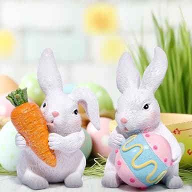 Hodao Easter Bunny Decoration Spring Rabbit Decor Gifts Handcrafted Resin Figurines Colorful and Charming Spring Decor for Home, Office, Holiday Celebrations (White) - Image 2