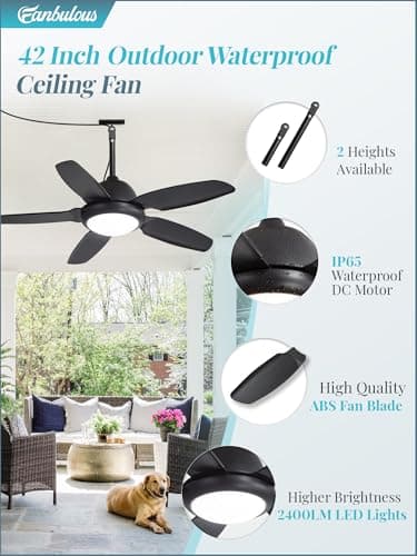 Fanbulous 42 Inch Waterproof Outdoor Ceiling Fan with Lights and Remote,IP65 Hanging Gazebo Fan with 3CCT 6-Speed DC Motor,Black Wet Rated Plug in Ceiling Fan with Cord for Patios Porch Pergola - Image 2