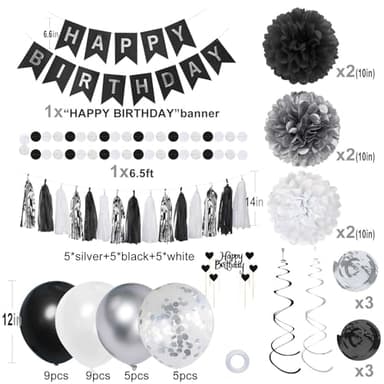 YGYXMY Birthday Decorations for Men, Black and Silver Happy Birthday Party Decorations, Black and White Party Supplies - Banner, Balloons, Tissue Pompoms, Swirls, Tassels Garland - Image 2