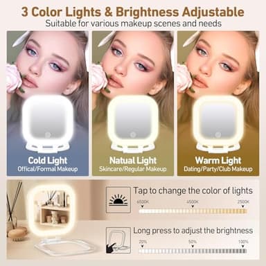 GOMIPURU Travel Mirror with Light, 1x/30x Magnifying Mirror with 3 Color Lights and Adjustable Brightness, 4.5x3.9 inch Small Compact Hangable Hand Pocket 3 Way Mirrors, Comes with Tweezer - Image 4