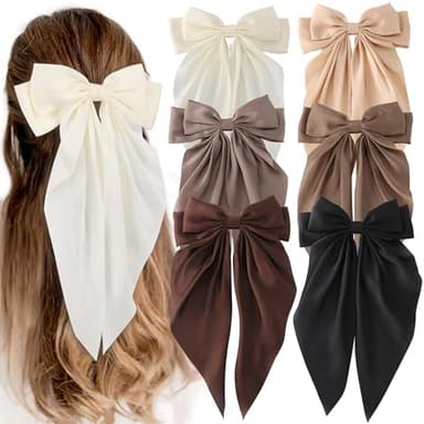 6 PCS Hair Bows for Women, Big Bow Hair Clips for Girls, Silky Satin Hair Bows Clips Oversized Long Tail, Large Hair Barrettes Cute Aesthetic Hair Accessories, Metal Bow Hair Clips Neutral Color - Image 1