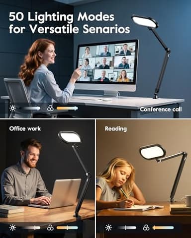 LED Desk Lamp for Home Office, Eye-Care Double-Sided Desk Light with Stepless Dimmable Knob Remote, Memory, Adjustable Arm Clip on Light for Video Recording, Zoom Call, Study, Flicker-Free, Glare-Free - Image 4