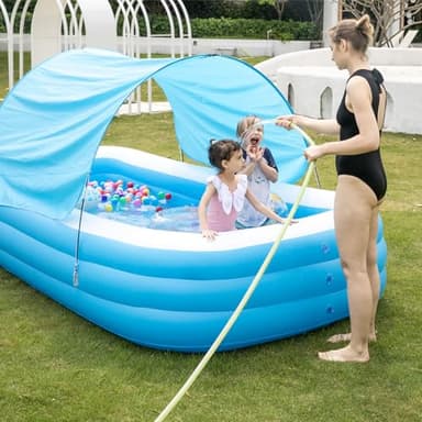 Large Inflatable Pool with Canopy - 145'' x 74'' x 22'' Oversized Thickened Blow Up Pool for Family, Extra Large Swimming Pool with Pump for Backyard, Garden and Outdoor Fun - Image 2
