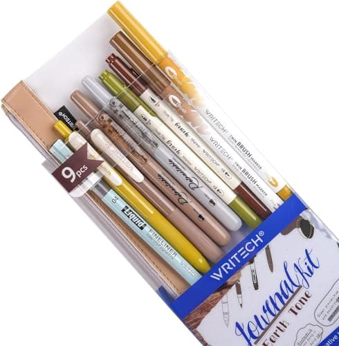 WRITECH Journaling Gel Pens Highlighters: 0.5mm Fine Point Retractable Gel Ink Pen Assorted Colored Highlighter Fineliner Multicolor Dual Tip Brush Marker Bulk Extra Smooth No Bleed 9ct (Earth Tone) - Image 1