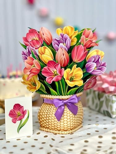 Freshcut Paper Pop Up Cards, Festive Tulips, 12 Inch Life Sized Forever Flower Bouquet 3D Popup Greeting Card, Birthday Cards, Thank You Card, Blank Notecard & Envelope - Image 6